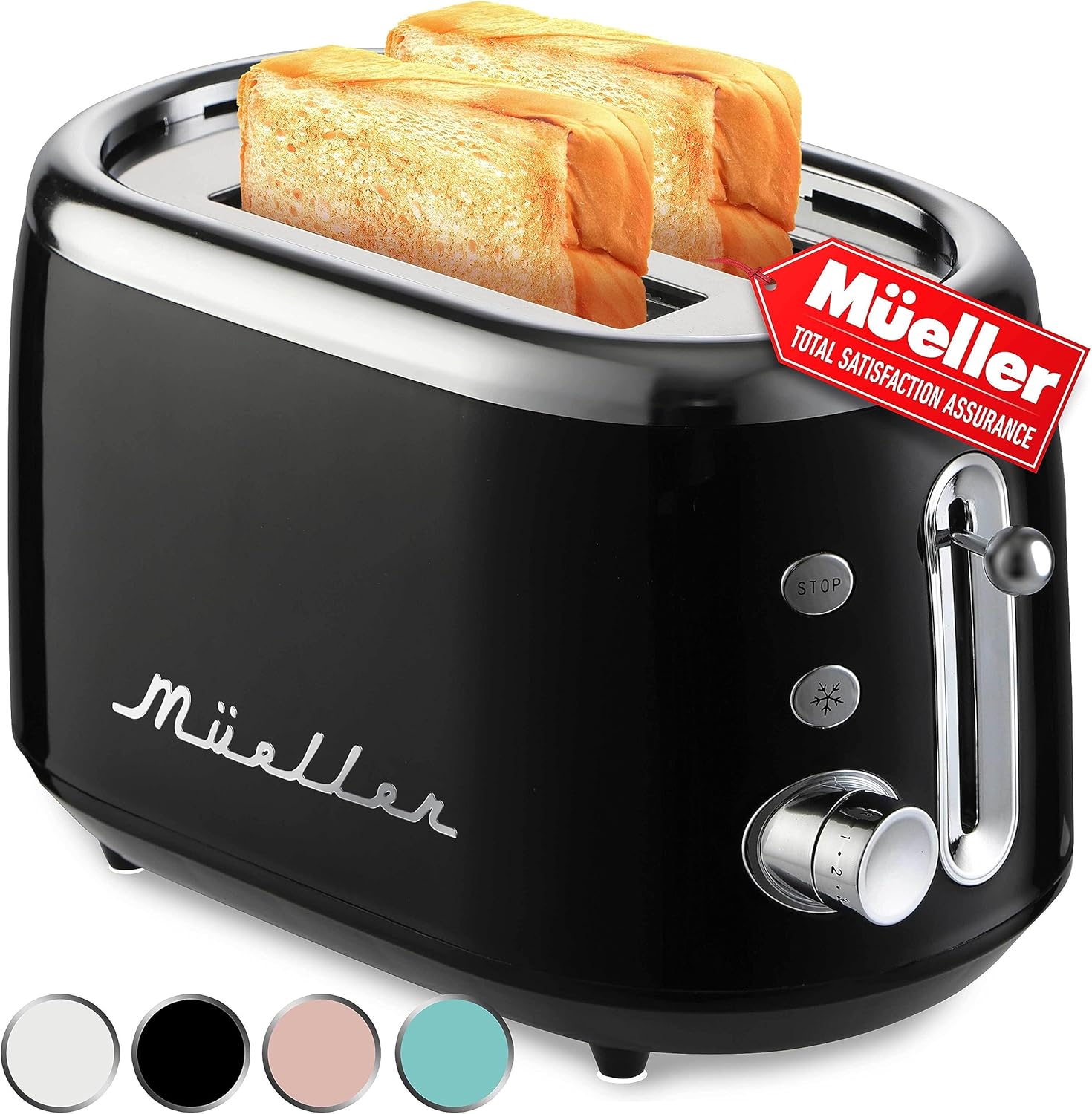 Retro Toaster 2 Slice, 7 Browning Levels, 3 Functions (Reheat, Defrost, Cancel), Stainless Steel Features, Removable Crumb Tray, Under Base Cord Storage, Black