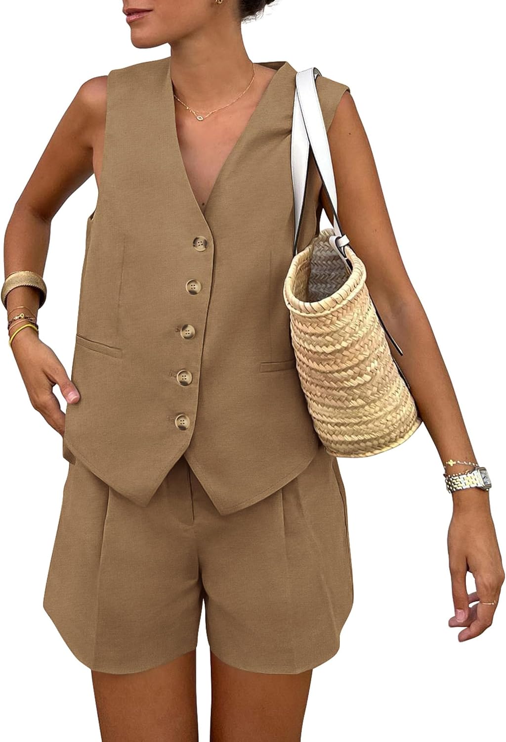 Women's Summer 2 Piece Outfits Sleeveless Matching Sets Button Down V Neck Vest Waistcoat and Pockets Shorts (Coffee,Medium)