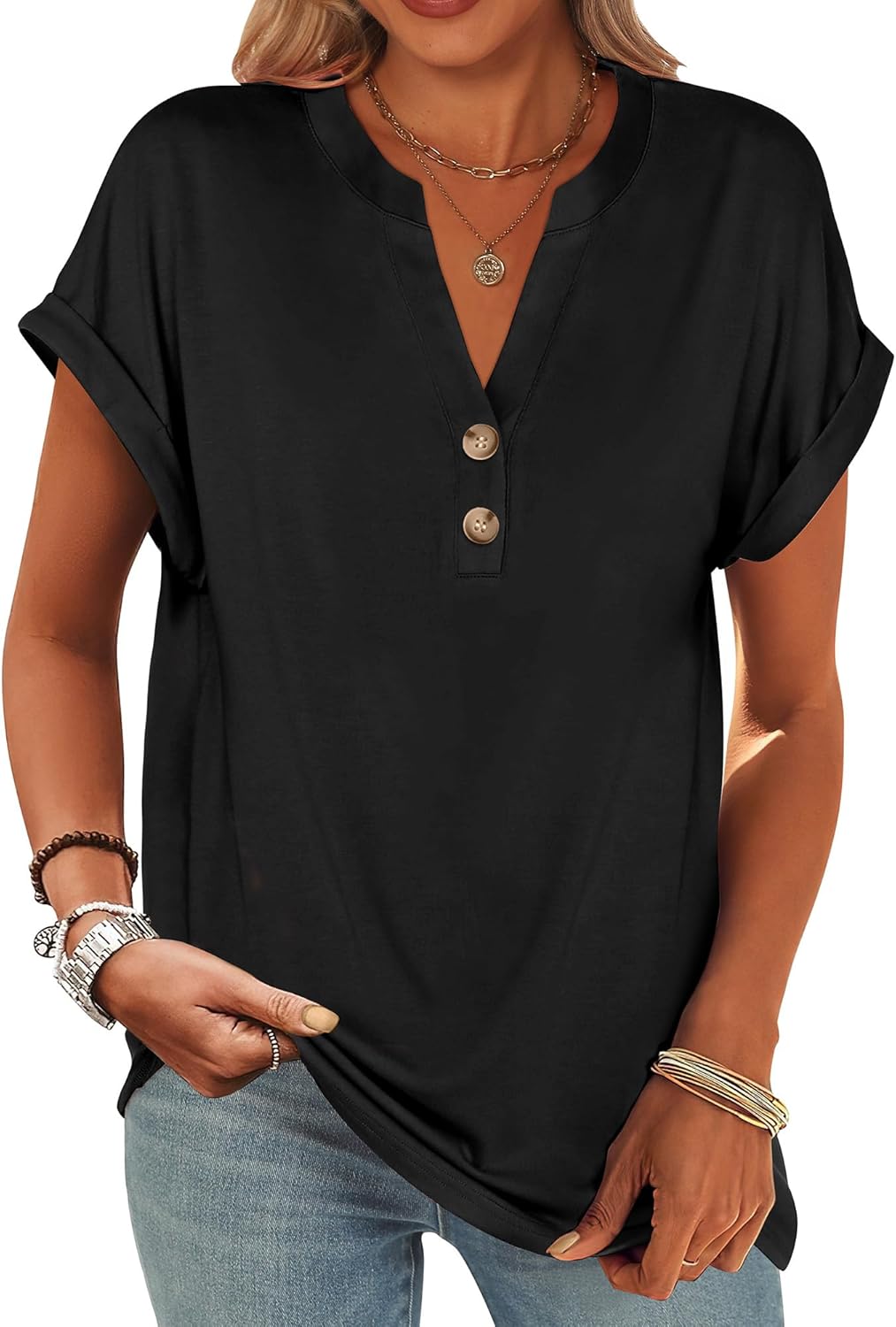 Womens Short Sleeve Henley Tops V Neck Dressy Casual Blouses Summer Trendy Tee Shirts 2026 Vacation Fashion Clothes Black M
