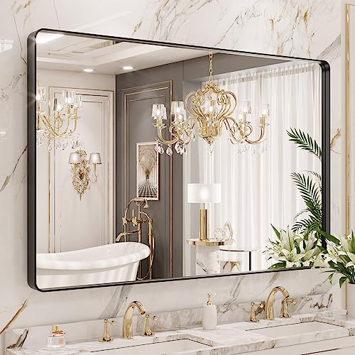 55X36 Inch Black Metal Framed Bathroom Mirror for Wall, Matte Black Bathroom Vanity Mirror Farmhouse, Large Rounded Rectangle Mirror, Anti-Rust, Tempered Glass, Hangs Horizontally or Vertically