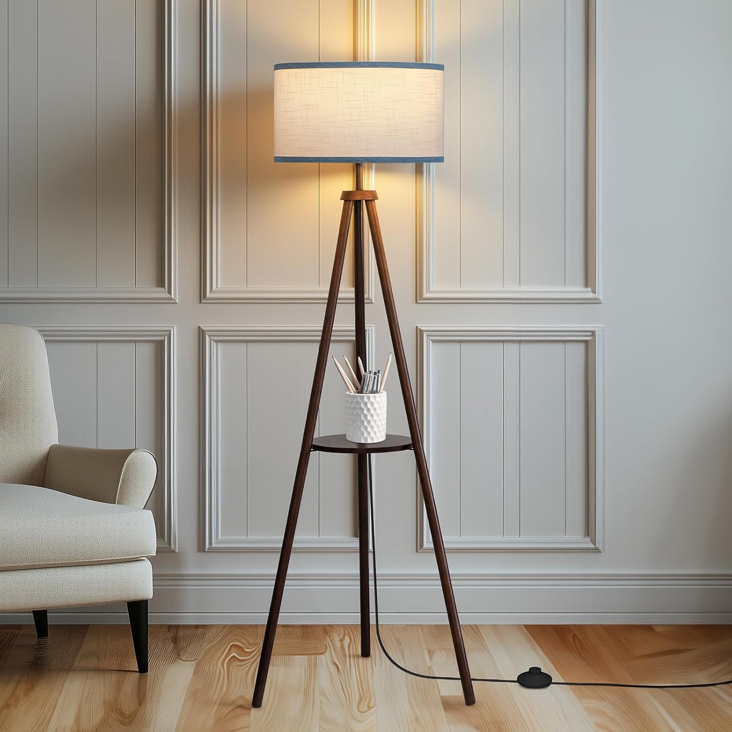 EOEYYOYB Floor Lamps with Shelf, Modern Standing Lamp with 3 Color Temperature Led Bulb, Tall Lamps with Foot Switch for Living Room Bedroom and Office, Walnut