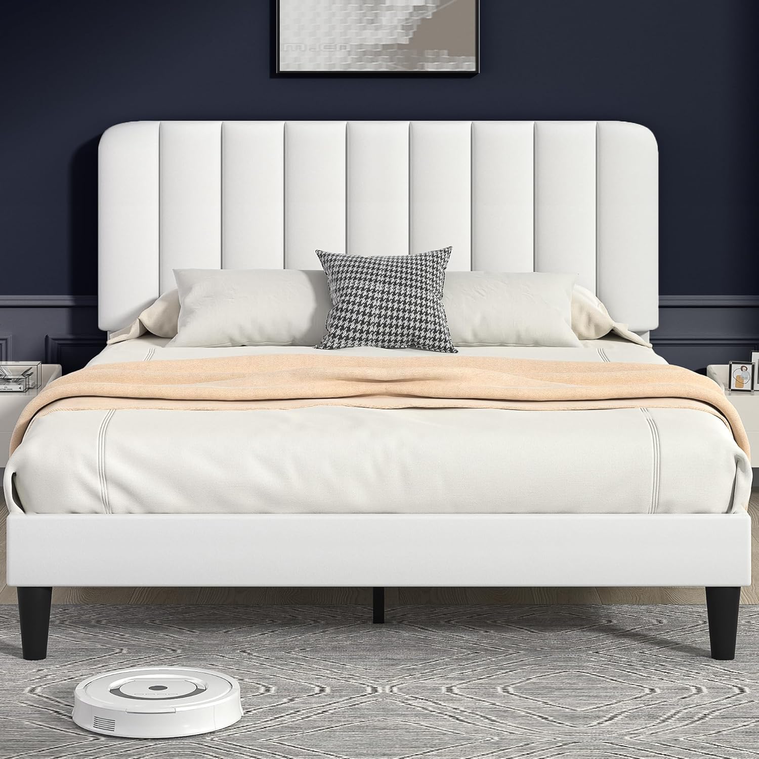 Full Size Bed Frame with Upholstered Headboard, Velvet Platform Bedframe Mattress Foundation, Strong Wood Slat Support, No Box Spring Needed,White