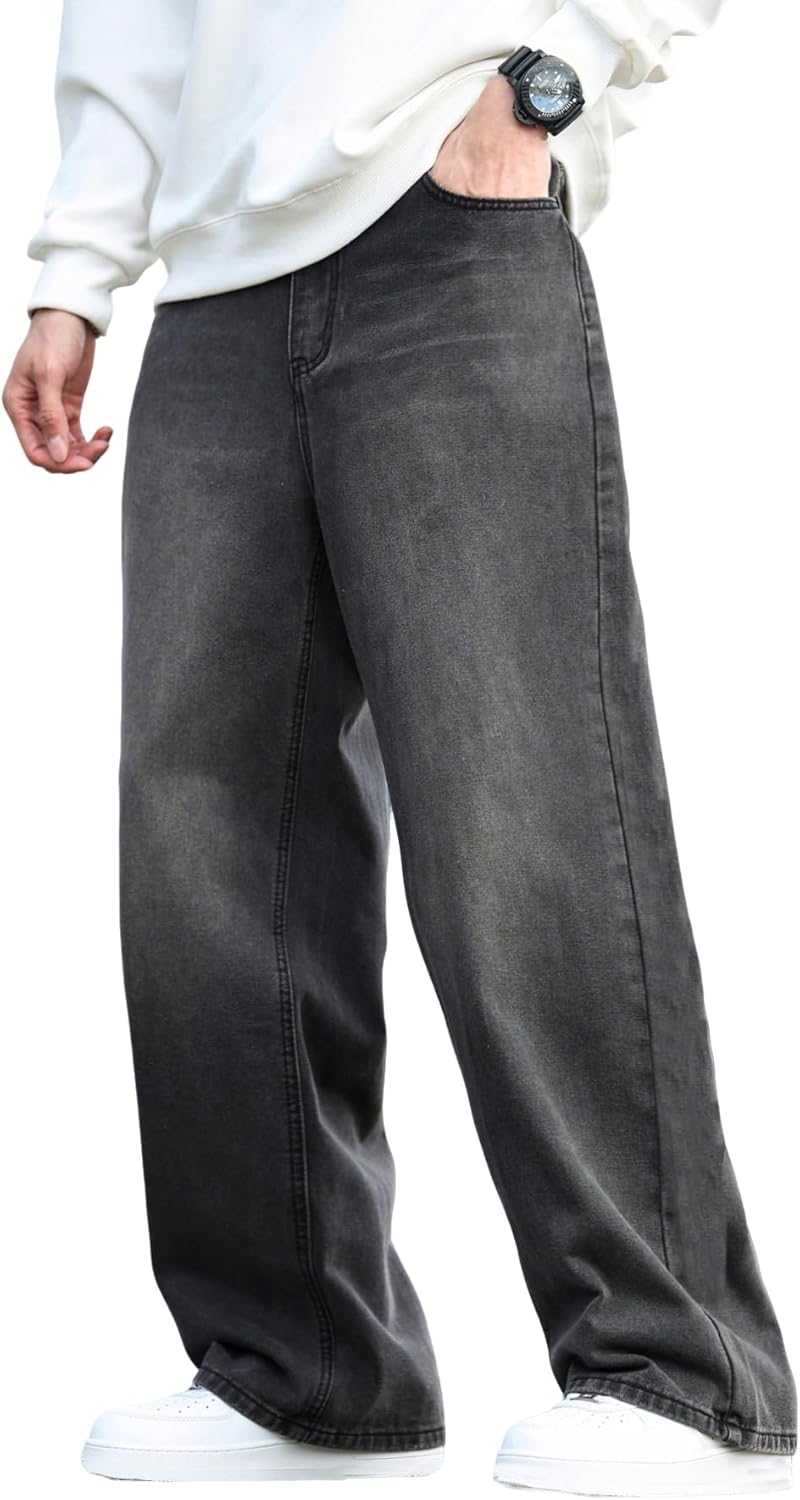 Men's Y2k Hip Hop Baggy Jeans Distressed Wide Leg Denim Pants Casual Loose Fit Trousers Streetwear Straight Leg Relaxed Fit 2000s Extreme Motion Skater Skateboard Street,B10 Black,Large