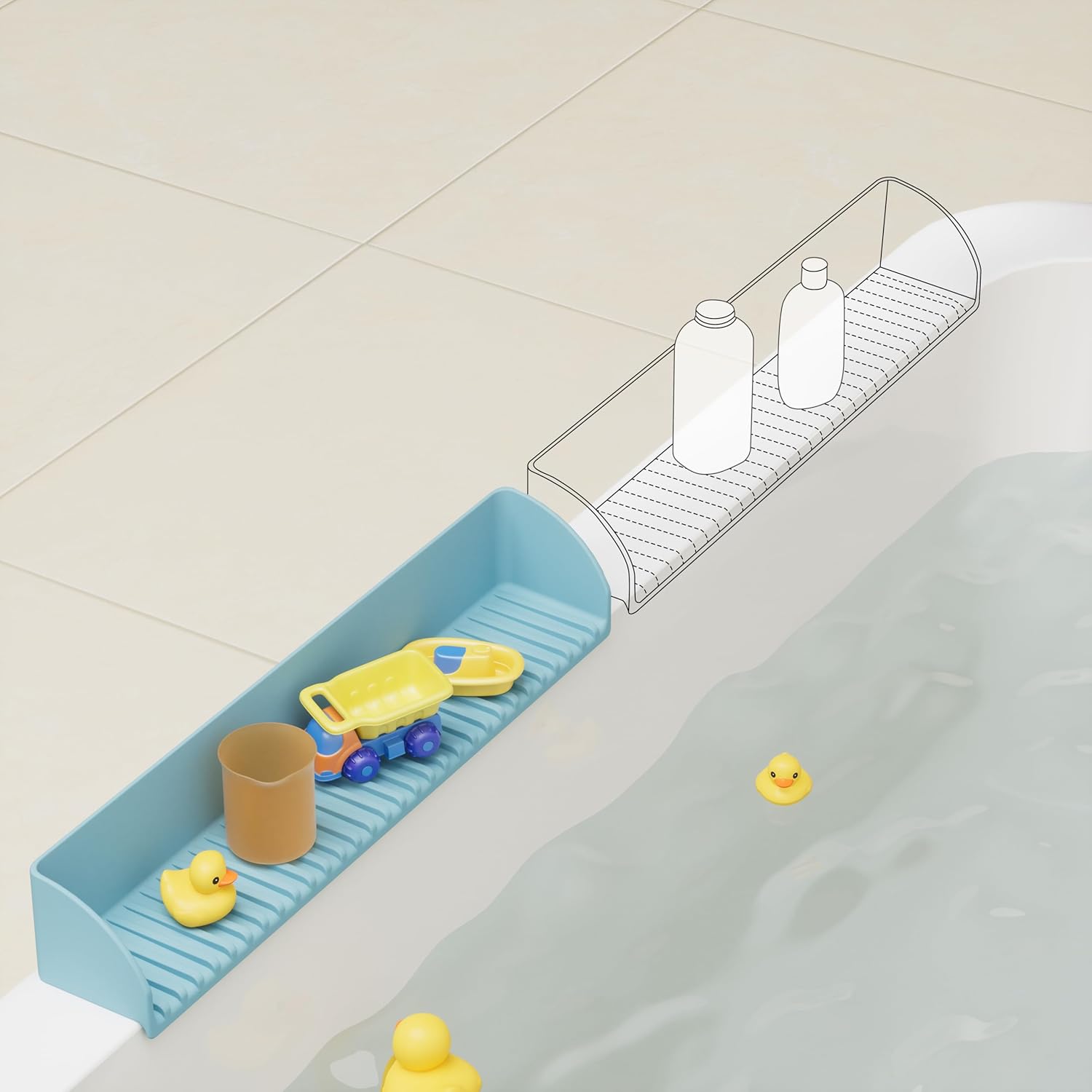 Bathtub Splash Guard for Tub - Silicone Water Splash Guard with 4 Suction Cups, Bath Toy Holder, Bathtub Play Shelf for Bathing, Bathtub Side Suction Tray, 1Pack, Blue