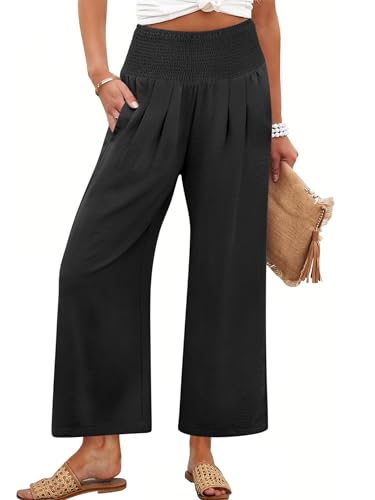 ANRABESS Womens Wide Leg Palazzo Pants with Pockets,Black,M