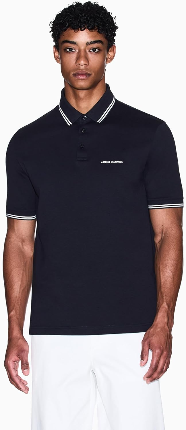 Armani Exchange Men's Small Text Logo Pique Polo, Deep Navy, Large