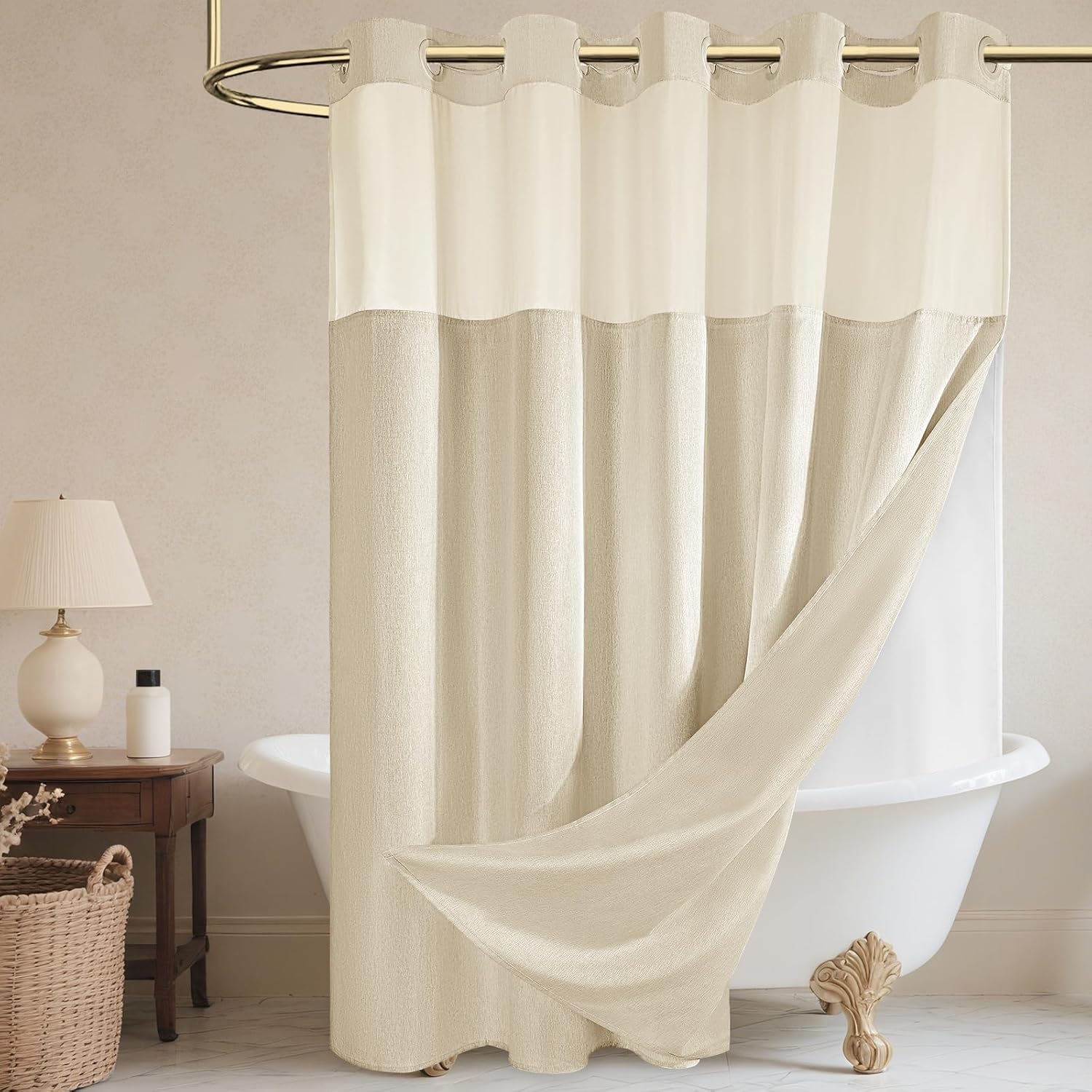 No Hook Shower Curtain and Liner, Linen-Look Polyester Textured Shower Curtain with Snap in Liner, Waterproof & Washable Bath Curtains for Bathroom, 71Wx74H - Beige/Cream