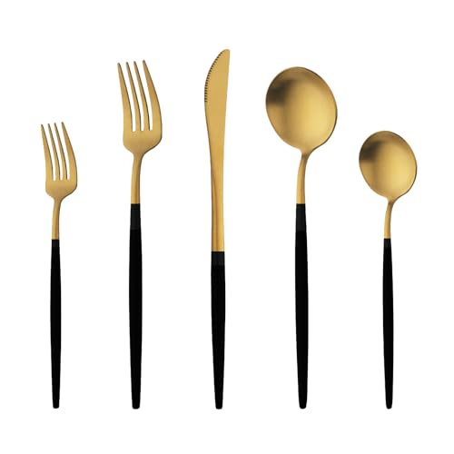 TUPMFG 40 Pieces Matte Black&Gold Silverware Set, Stainless Steel Black&Gold Flatware Set for 8, Satin Finish Spoons and Forks Silverware Set, Black&Gold Cutlery Utensils Set, Dishwasher Safe
