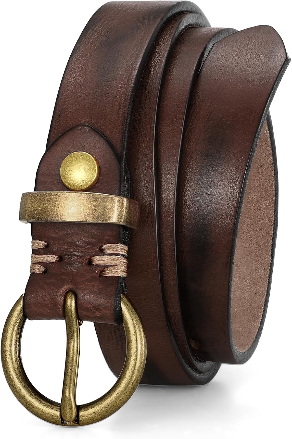 Womens Genuine Leather Belts for Jeans Pants Trendy Vintage Thin Leather Belt Gold Buckle Ladies Skinny Waist Belt