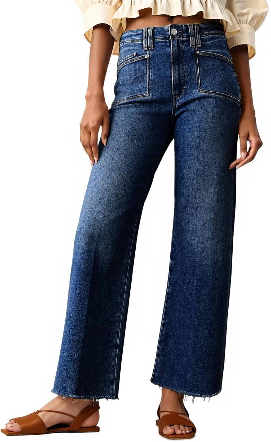 Cicy Bell Womens High Waisted Cropped Jeans Trendy Stretchy Baggy Straight Leg Raw Hem Capri Denim Pants Navy