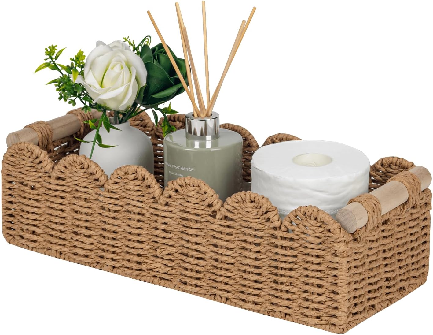 CubesLand Paper Rope Scalloped Edge Toilet Paper Storage Basket, Small Living Room, Bedroom Decor Baskets for Over Toilet Storage Shelf, End Table, Shelves and More, with 2 Wooden Handle, Neutral