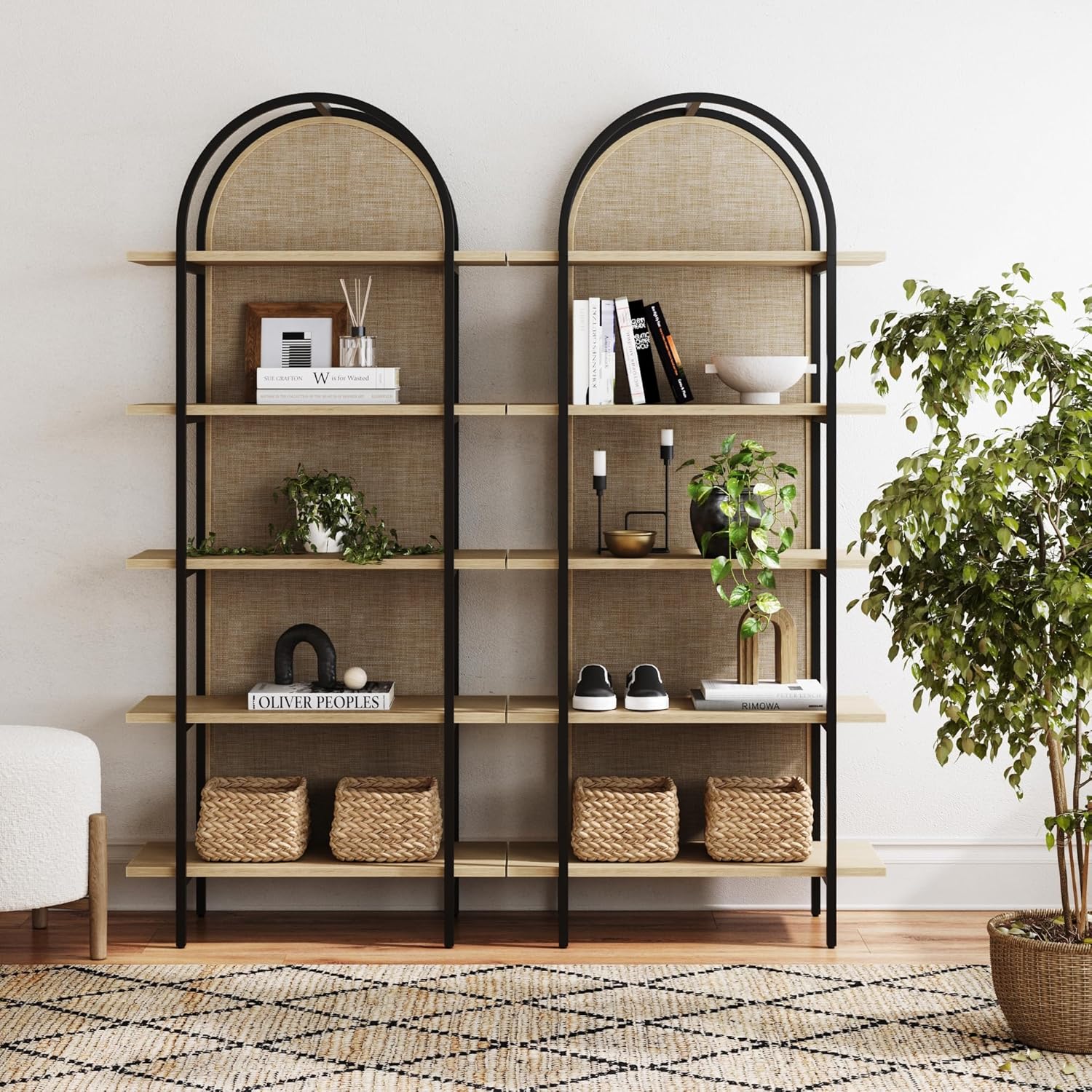 Nathan James Amara Bohemian 5-Shelf Etagere Bookcase, Rattan Open Bookshelf with Arch Top, Light Oak/Matte Black, Set of 2