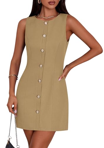 PRETTYGARDEN Work Dresses for Women 2026 Summer Business Formal Short Dress Sleeveless Button Down Elegant Office Outfits (Khaki,Medium)