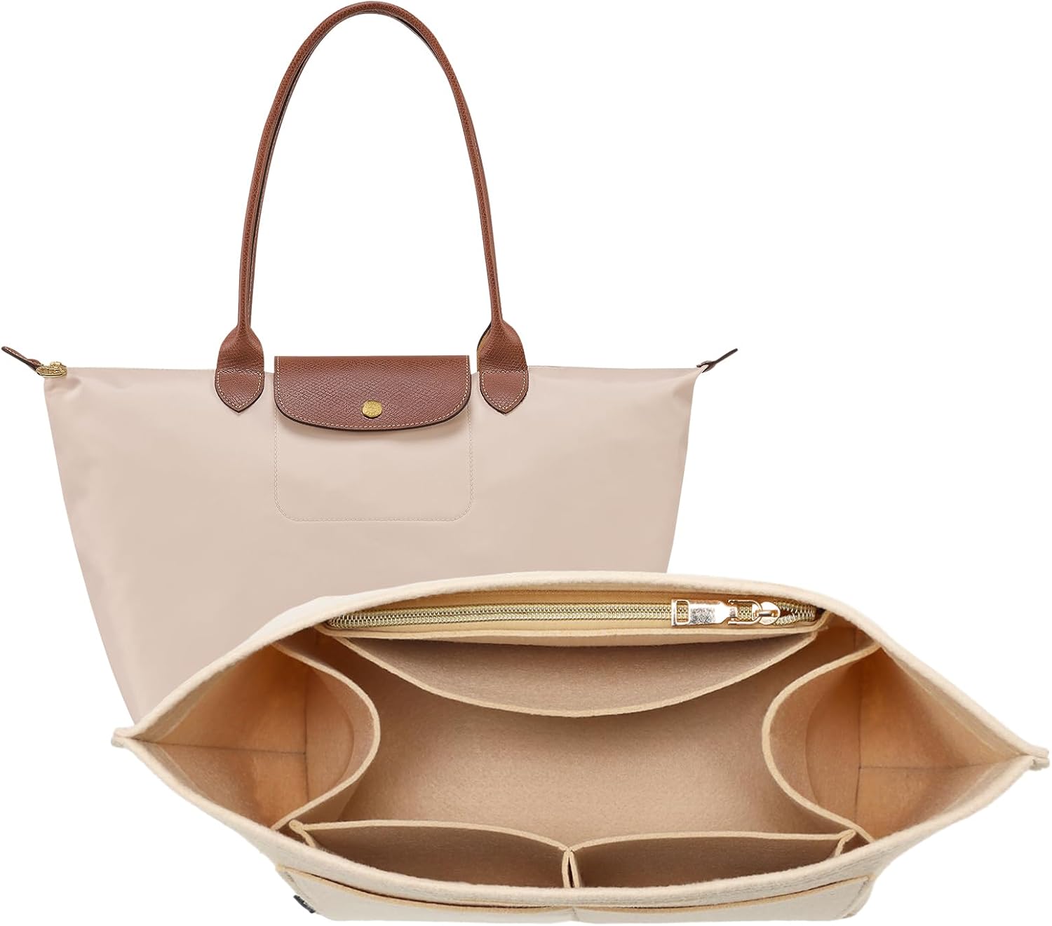 Purse Organizer Insert for Longchamp Le Pliage, Premium Felt Long Champ Bag Handbag Women, Tote Organizer Insert with 9 Compartments (Large, Beige)