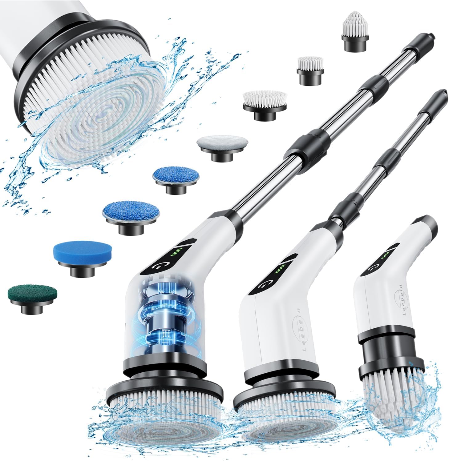 Leebein Electric Spin Scrubber, Cordless Cleaning Brush for Bathroom Shower Tub, IPX7 Waterproof Power Scrubber with 7 Brush Heads, Extendable Long Handle and 2 Speeds Scrubber for Bathtub Floor