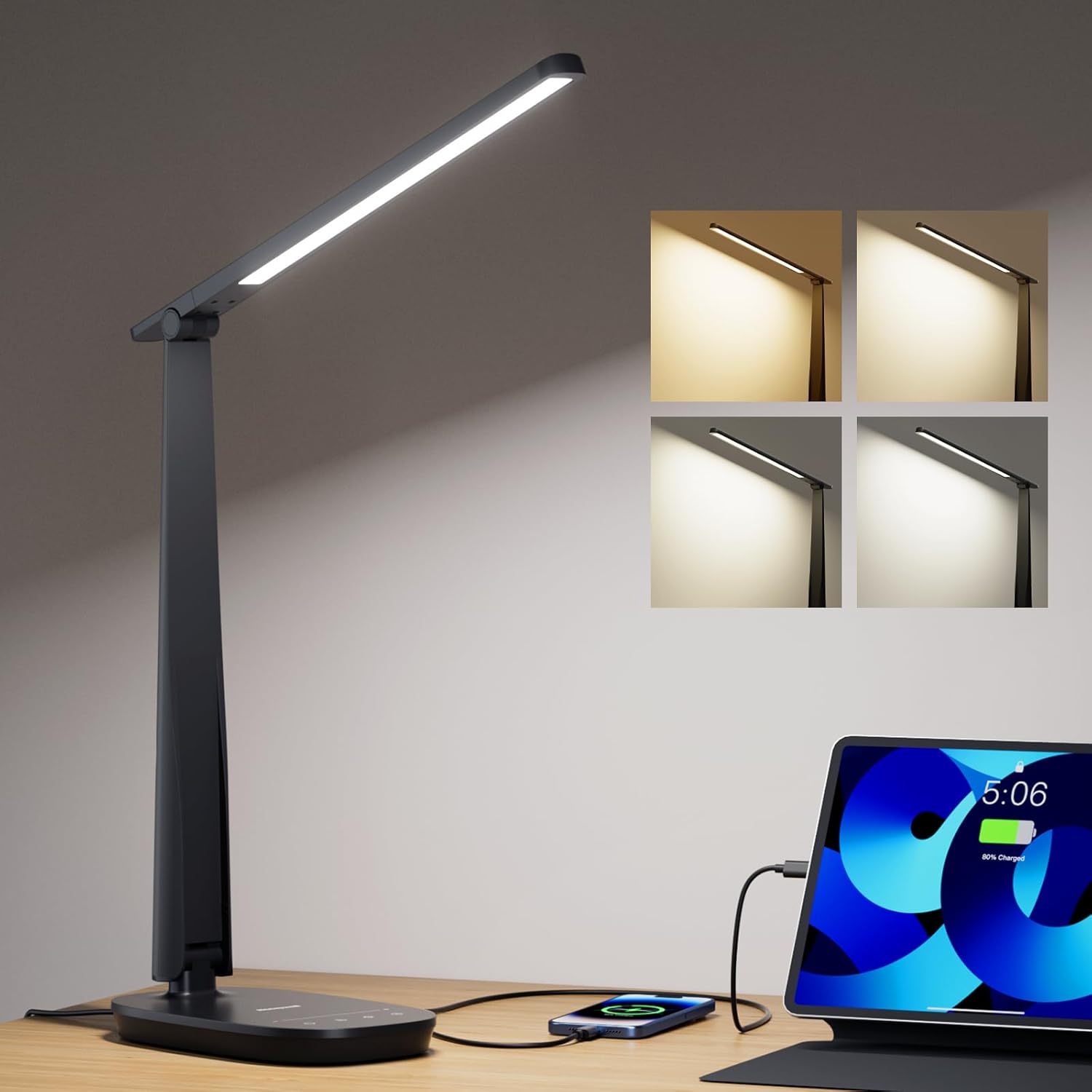 LED Desk Lamp for Home Office, Eye-Caring Dimmable Reading Light with 4 Color Modes, Touch Control, USB-A & USB-C Charging Ports, Adjustable Head, Timer for Bedroom & Small Desks