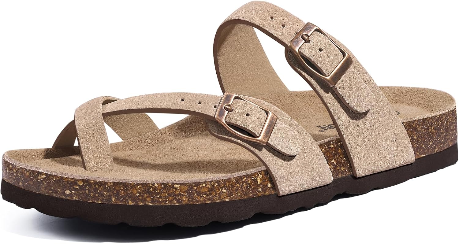 Litfun Women's Genuine Suede Cork Footbed Sandals Comfortable Summer Slides with Adjustable Buckle, Apricot 40