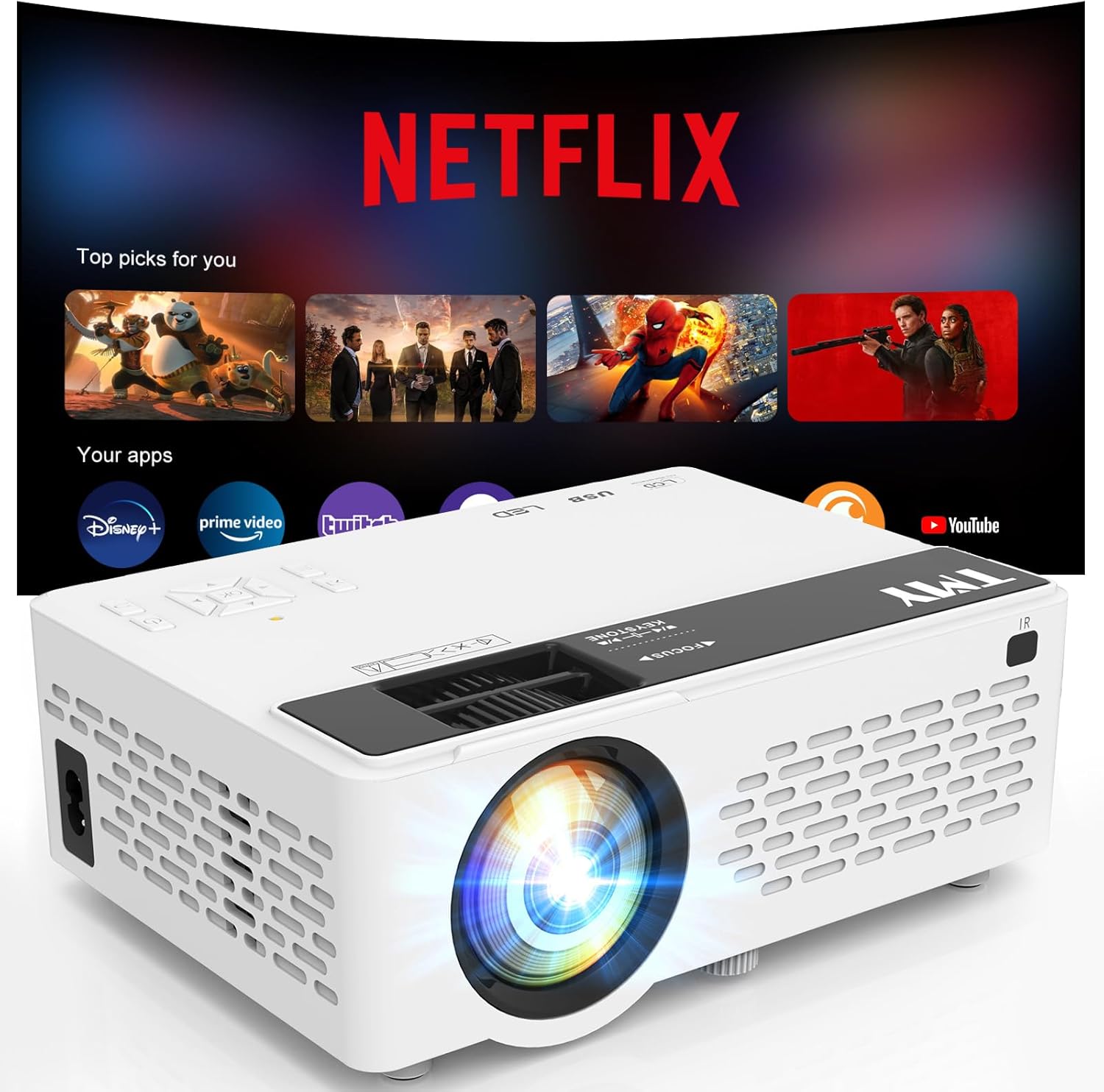 Netflix-Ready Mini Movie Projector with Wifi and Bluetooth, 1080P Full HD Portable Projector, Compatible with TV Stick/Smartphone/HDM/USB, indoor & outdoor use