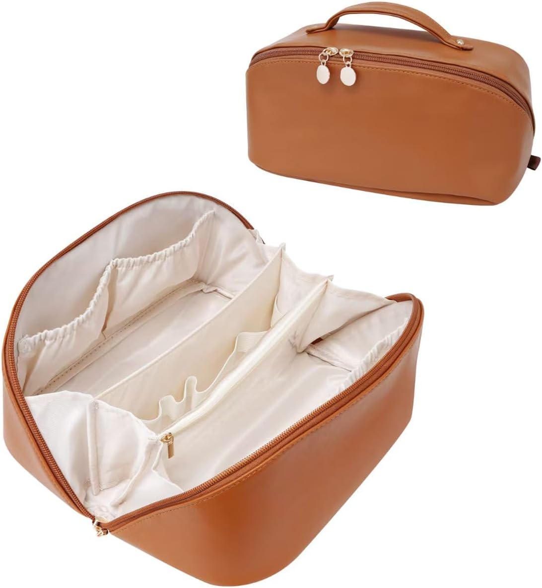 ETTP Large Capacity Cosmetic Bag for Women, Waterproof PU Leather Makeup Bag for Travel,Toiletry Bag Make up Organizer with Divider and Handle (Brown)