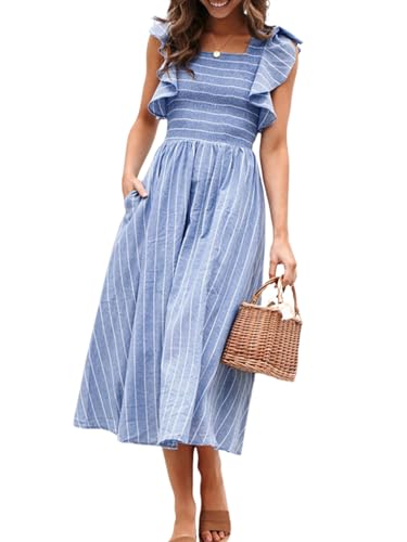Miessial Womens Summer Dress 2025 Casual Short Sleeve Striped Linen Midi Dresses Boho Beach Wedding Guest Dress with Pockets Blue,M