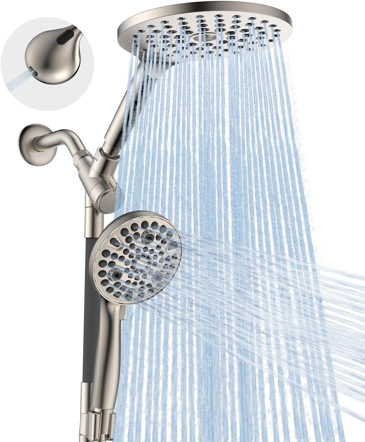 Dual Handheld Shower Head Combo, 2-in-1 Rain Shower Heads System 8 Inch Rainfall Shower Head and 10 Modes High Pressure Hand Held Showerhead with Built-in Power Wash