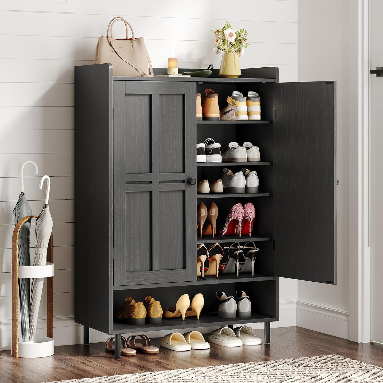 Shoe Cabinet with Cross Molding Doors, 6-Tier Shoe Storage Cabinet with 3 Adjustable Shelves and Metal Legs, 45'' Tall Shoes Rack Organizer Cabinet for Entryway, Front Door, Black