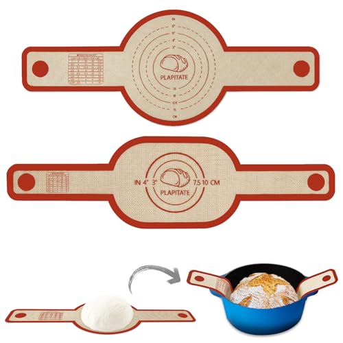 PLAPITATE Silicone Bread Sling Dutch Oven Liner, Non-Stick & Easy Clean Reusable Oval and Round Silicone Bread Baking Mat with Long Handles, Easy to Transfer Sourdough Bread - 2 Red Set