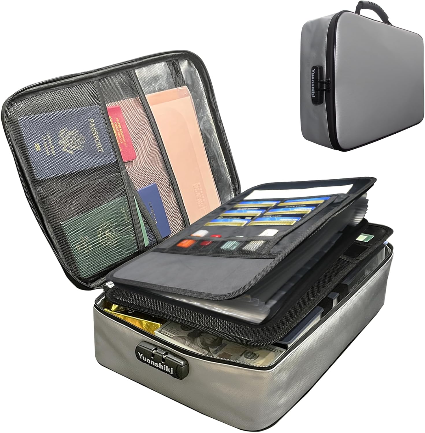 Heat Insulated Fireproof Waterproof Safe File Organizer,Document Organizer Box with Lock Labels,Multi-Layer Portable Home Travel Safe Storage Box for Important Documents (Grey)
