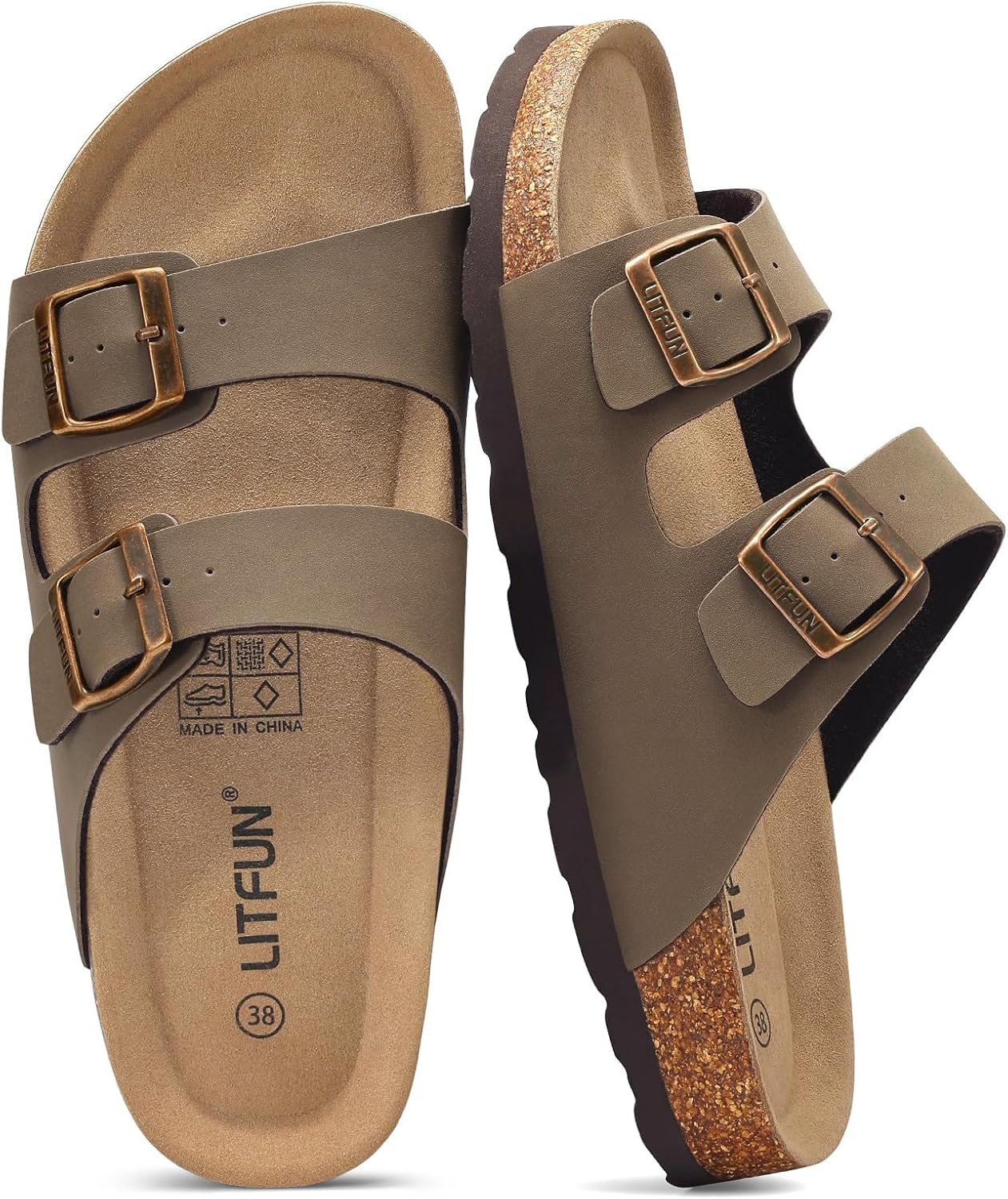 Unisex Cork Footbed Sandal Summer Slip On Slide Sandals with Adjustable Buckle for Women Men, Taupe (7.5 Women/6 Men)
