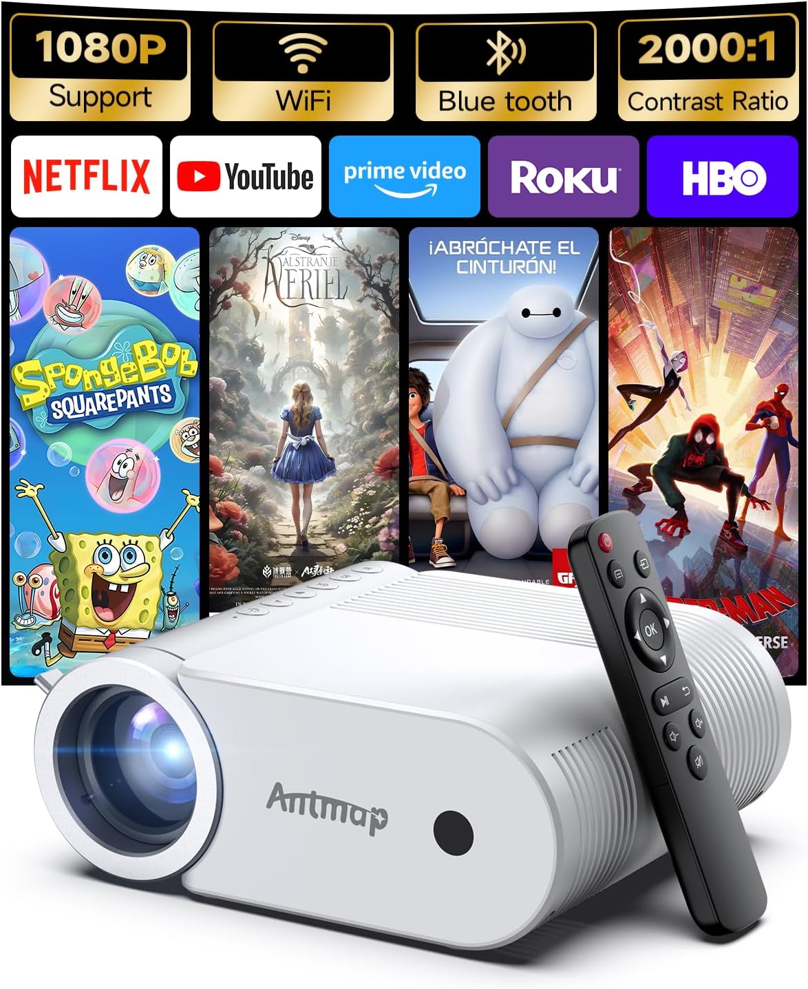 Mini Projector With WiFi and Bluetooth, 400 ANSI Portable Mini Projectors for iPhone, Native 1080P 4K Support Home Theater for Outdoor, 200” Display for Smartphone/HDMI/USB/TV Stick