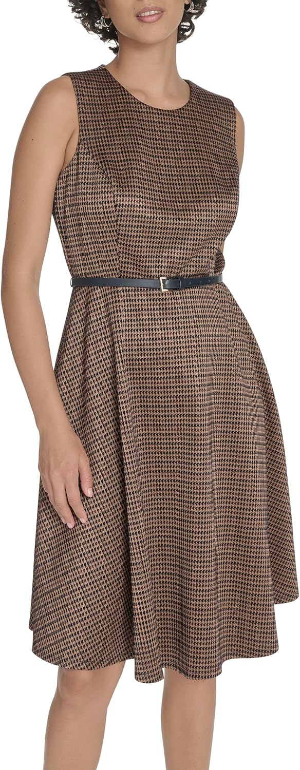 Tommy Hilfiger Women's Sleeveless Crew Neck Pinwheel Knit Belted Fit and Flare Dress, Sky Captain Multi, 8