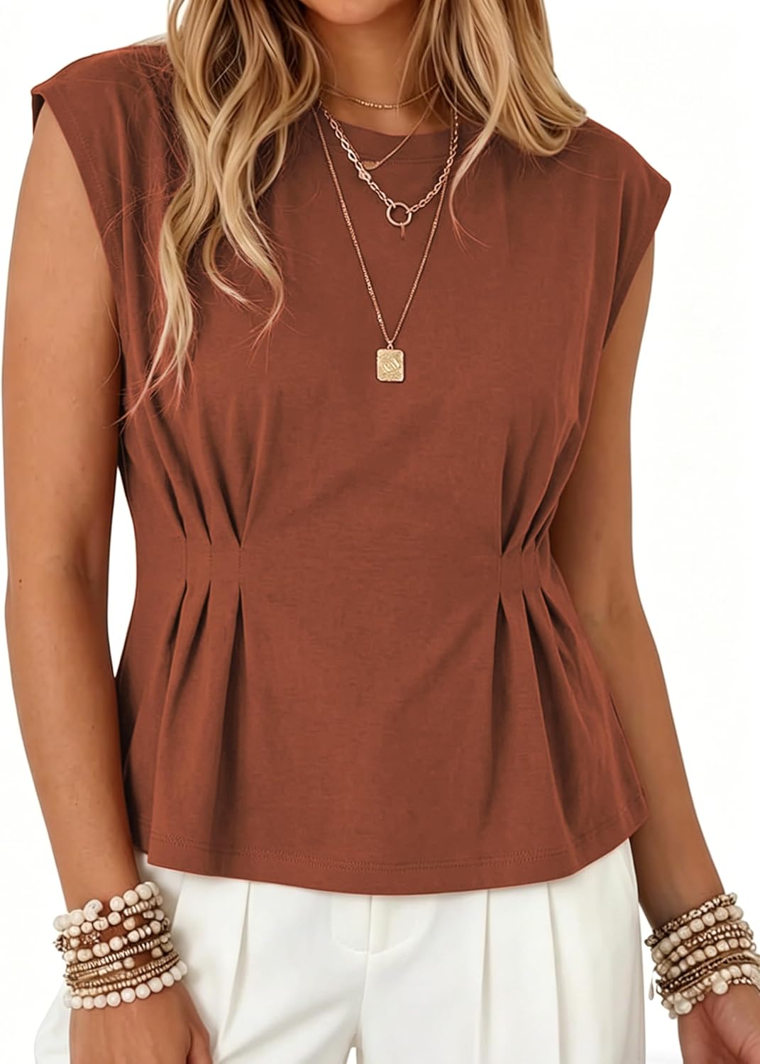 Women Summer Babydoll Tops Casual Cap Sleeve Peplum Tunic Shirt Dressy Pleated Tops(Rust-S)