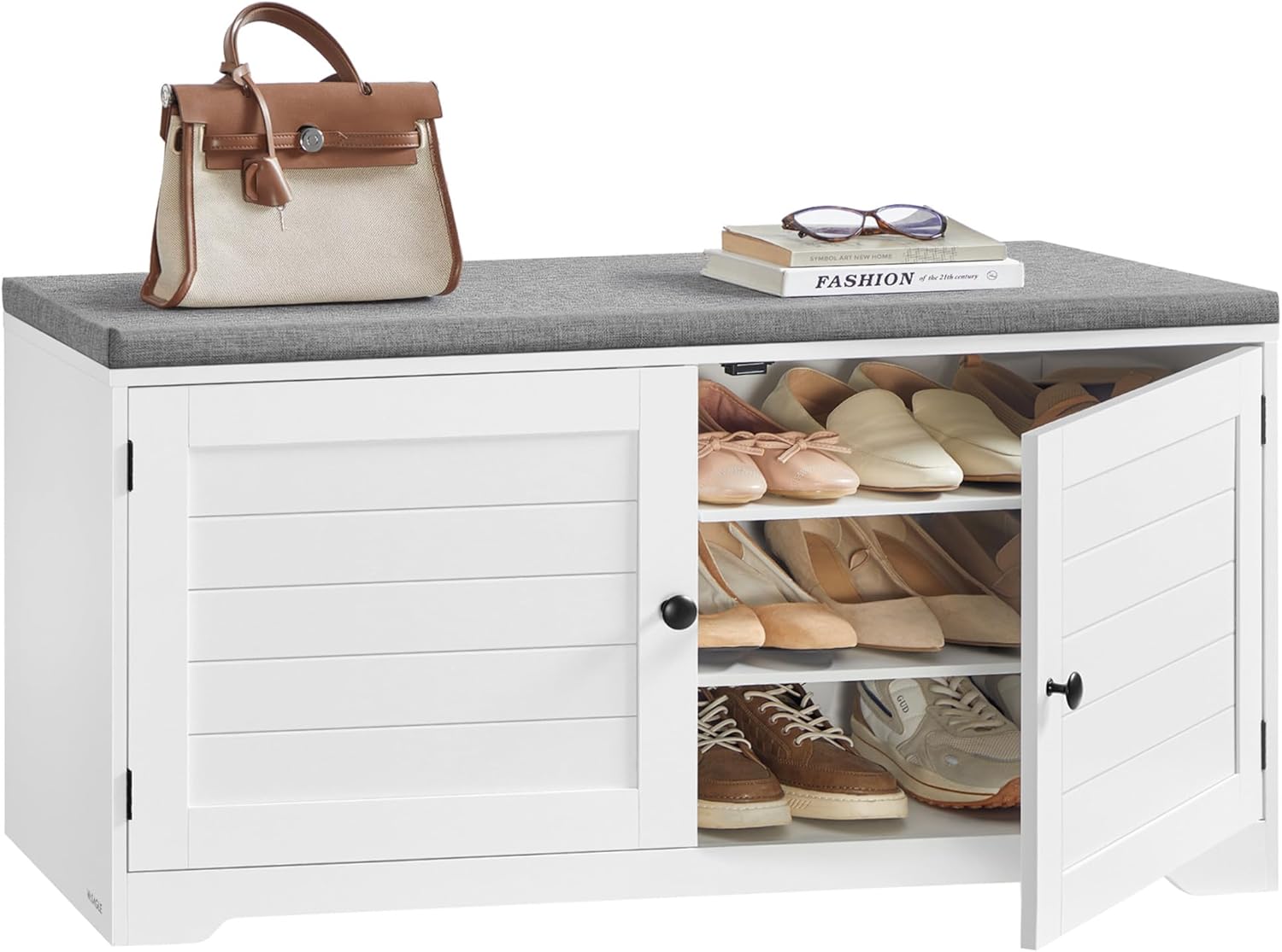 Shoe Storage Bench with Cushion, 3-Tier Entryway Bench with Padded Seat, Doors, Adjustable Shelves, 14 x 39.8 x 20.7 Inches, for Hallway, Bedroom, Cloud White and Dove Gray ULSB044W01