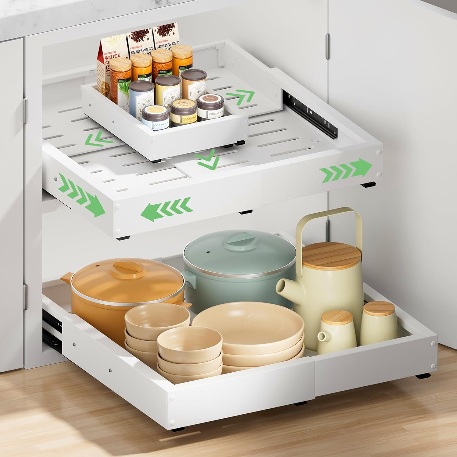 2 Pack Pull out Cabinet Organizer, Width (12"-19") Depth (17"-23"), with 3 Rails Adjustable Slide, Expandable Pullout Drawers for Cabinets, No Drill Adhesive Kitchen Drawers for Pantry Shelves