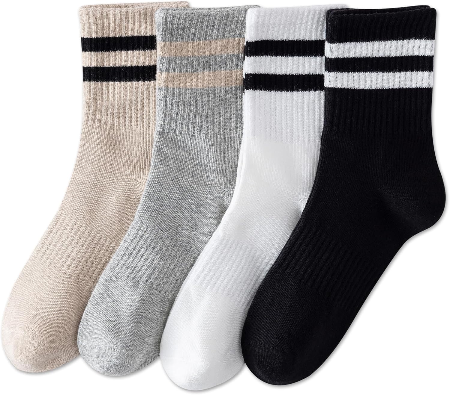 YUWELL Womens Striped Crew Socks, Cotton Cozy Casual Socks for Women 4 Pairs, Size 5-10
