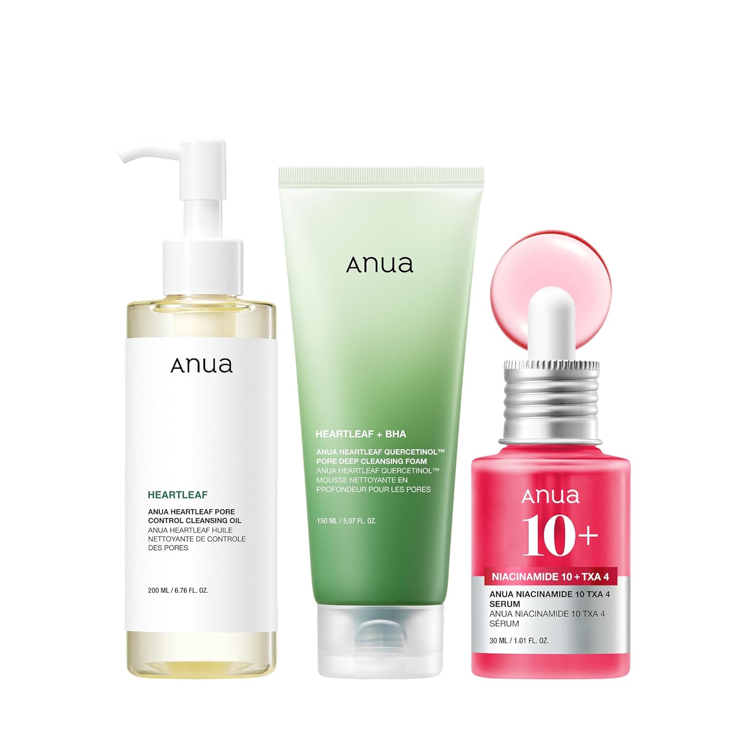 Anua 3-Step Glass Skin Beginner Set, Oil Cleanser and Face Wash with Facial Serum, Double Cleansing Daily Routine with Niacinamide, Korean Skin Care Set