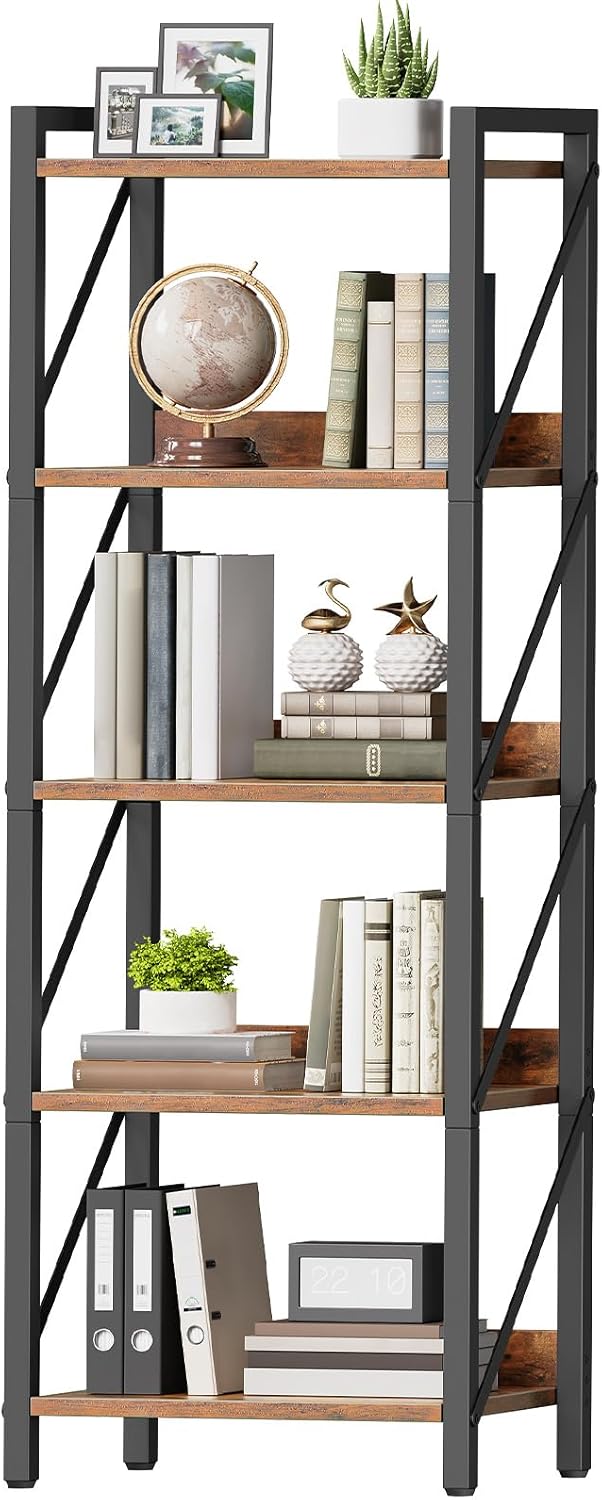 Bookshelf, 5-Tier Industrial Bookcase, Book Shelf Storage Organizer, Tall Bookshelf with Metal Frame for Living Room, Bedroom, Home Office, Kitchen, Rustic Brown and Black BF73SJ01