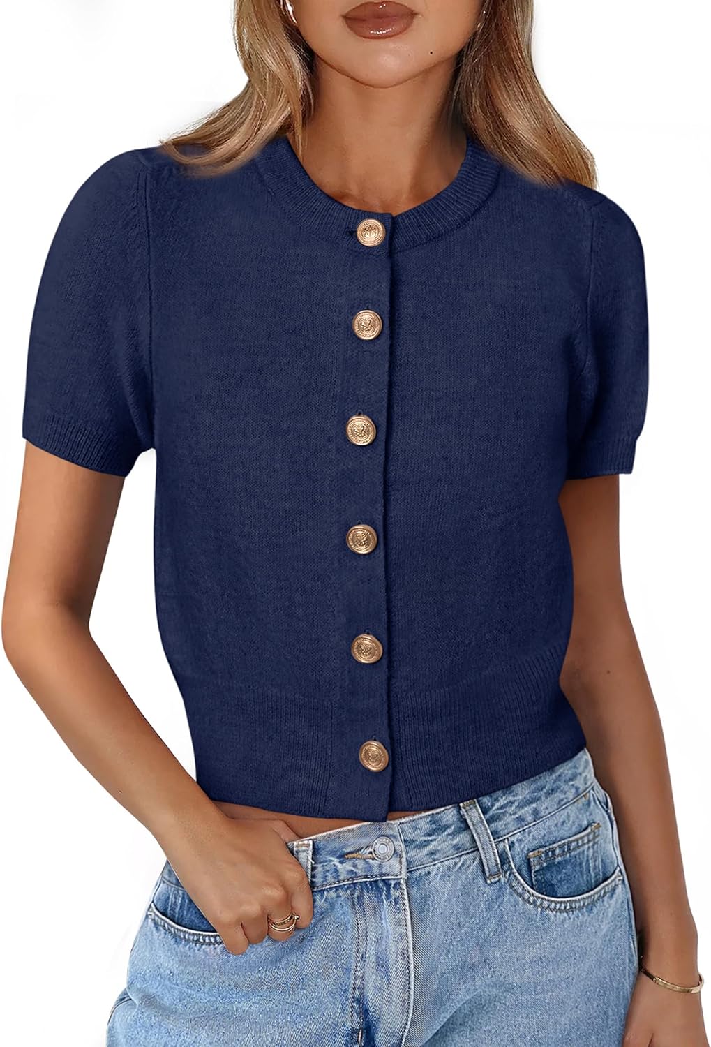 Womens Casual Summer Short Sleeve Cardigans 2026 Button Down Knitted Sweater Basic Crew Neck Crop Tops (Navy Blue,Medium)