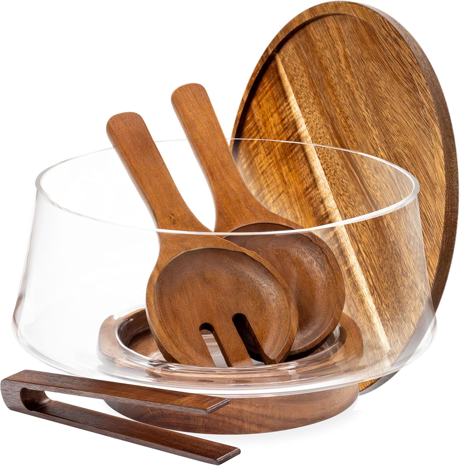 Oria Cook Large Glass Salad Bowl with Lid Set, 5.7 L Decorative Glass Mixing Bowl, Trifle and Serving Bowls with Lids as Cheese Charcuterie Board and Plate, Comes with Wood Serving Utensils