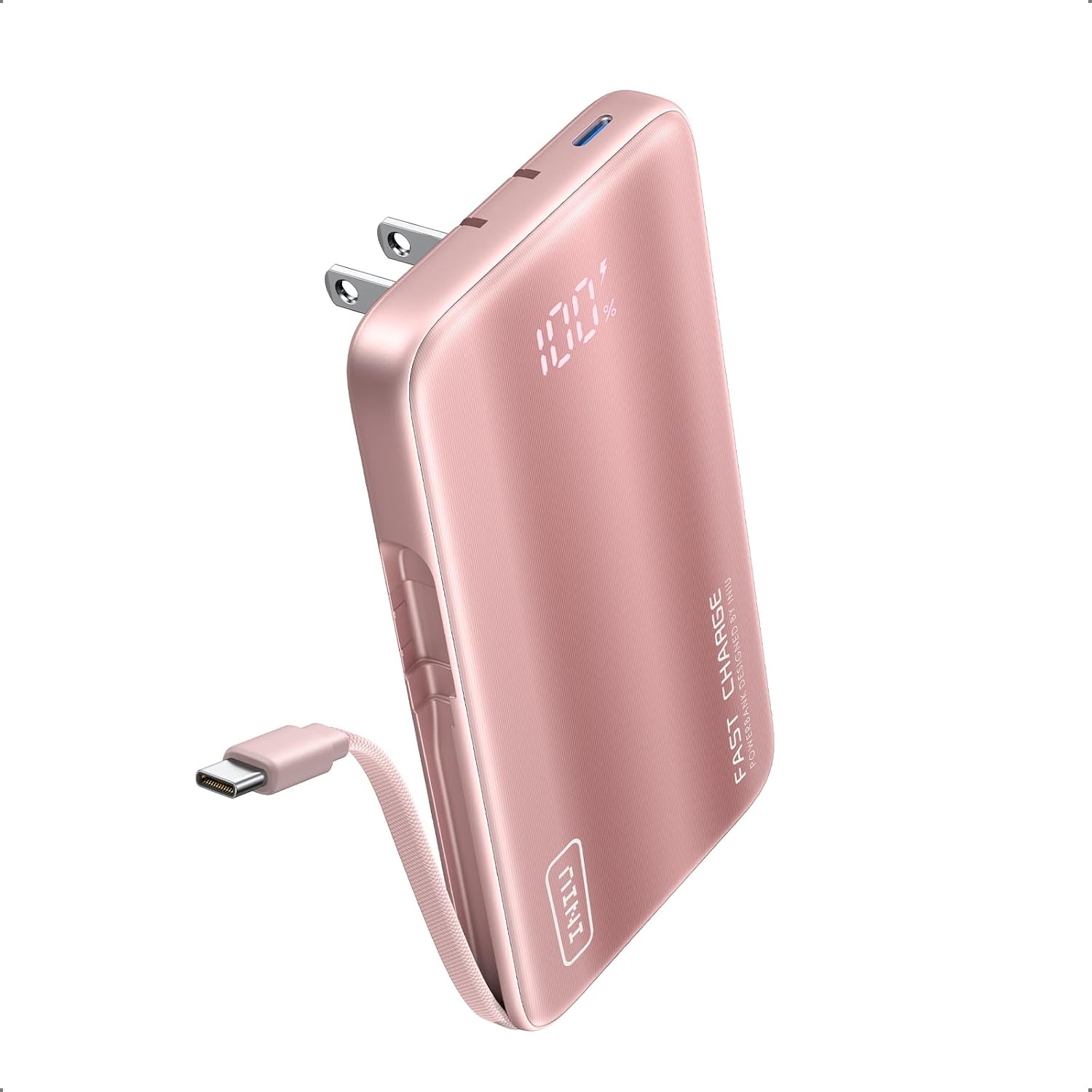 INIU 45W Fast Charging Portable Charger, 10000mAh with Built in Wall Plug | Slimmest, Built-in Wall Plug, USB-C Cable, GaN, Flight-Safe, 3 in 1 Power Bank for iPhone 18 17, Samsung, iPad etc