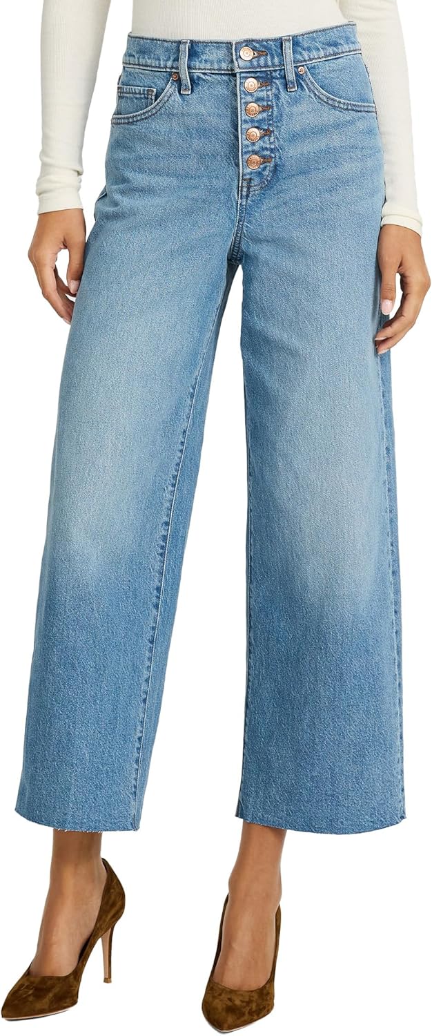 Women’s Wide-Leg Ankle Jeans – High Waisted Stretch Denim with Raw Hem Detail and Flattering, Versatile Fit – Medium Wash