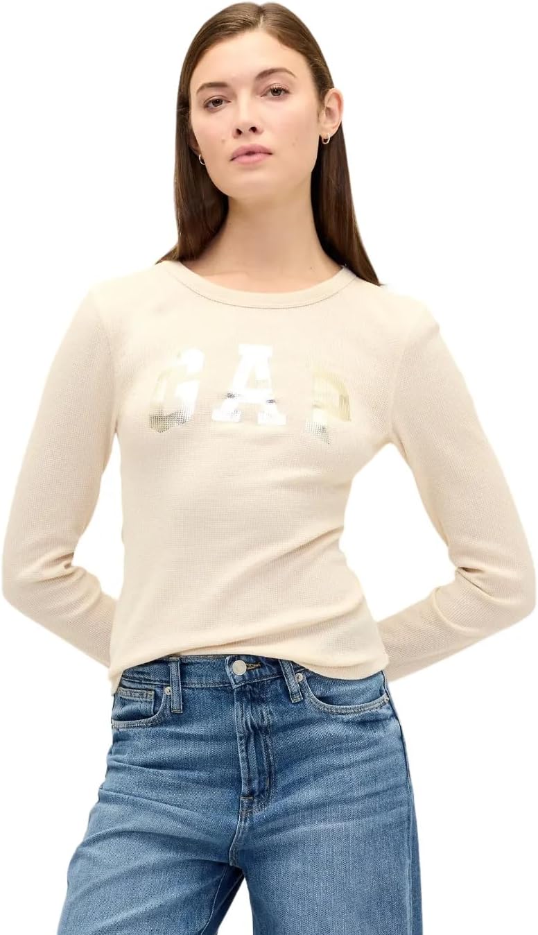 GAP Womens Long Sleeve Waffle Knit T-Shirt Anchorage Cream M