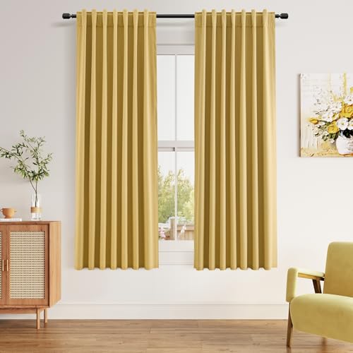 Guken 100% Blackout Curtains 63 Inch Length 2 Panels Set for Living Room Bedroom Back Tab Thermal Insulated Black Out Linen Drapes Room Darkening Window Curtains 63 Inches Long,Gold