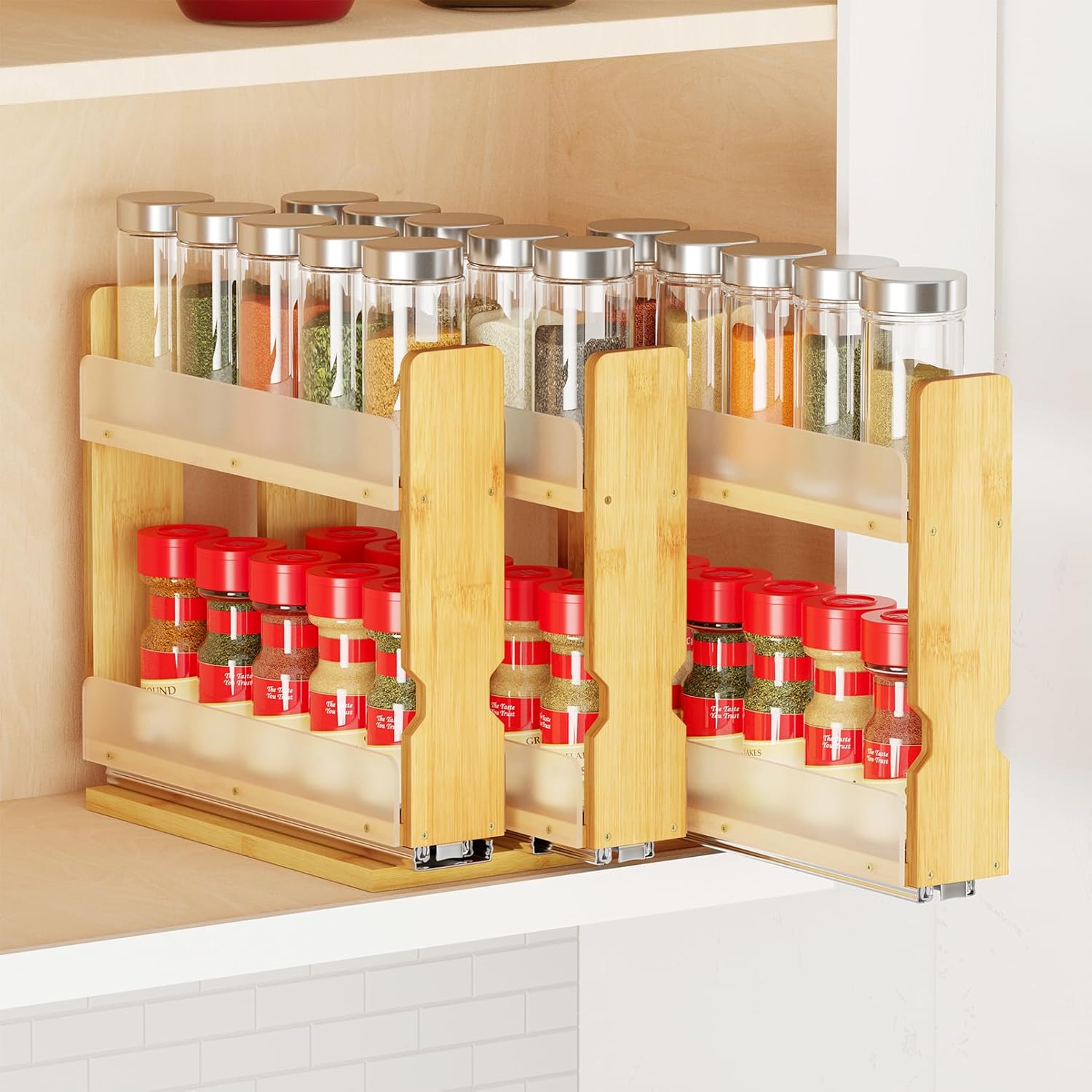 SpaceAid Bamboo Pull Out Spice Rack Organizer for Cabinet, Heavy Duty Slide Out Seasoning Kitchen Pantry Sliding Vertical Organization, 7.6" Wide, 3 Drawers(2" Wide), 2-Tier, Natural
