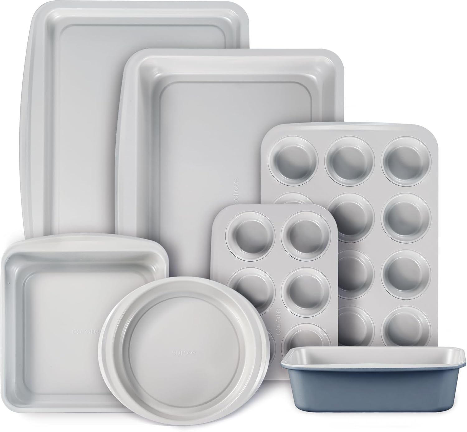 7-Piece Nonstick Stackable Baking Pans Set - Bakeware Sets Including Cookie Sheets for Baking, Muffin Pan, Bread Pan, Cake pan, Loaf Pan, Roasting Pan, Gray & Blue
