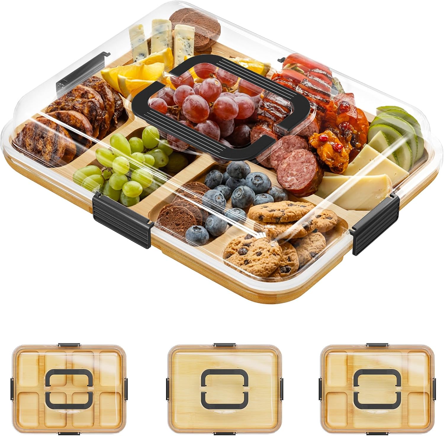 SpaceAid Charcuterie Board with Clear Lid, Portable Travel Cheese Cutting Boards for Picnic Accessories, Bamboo Serving Tray with Lids, House Warming Gifts, Black Handles, 8 Compartments