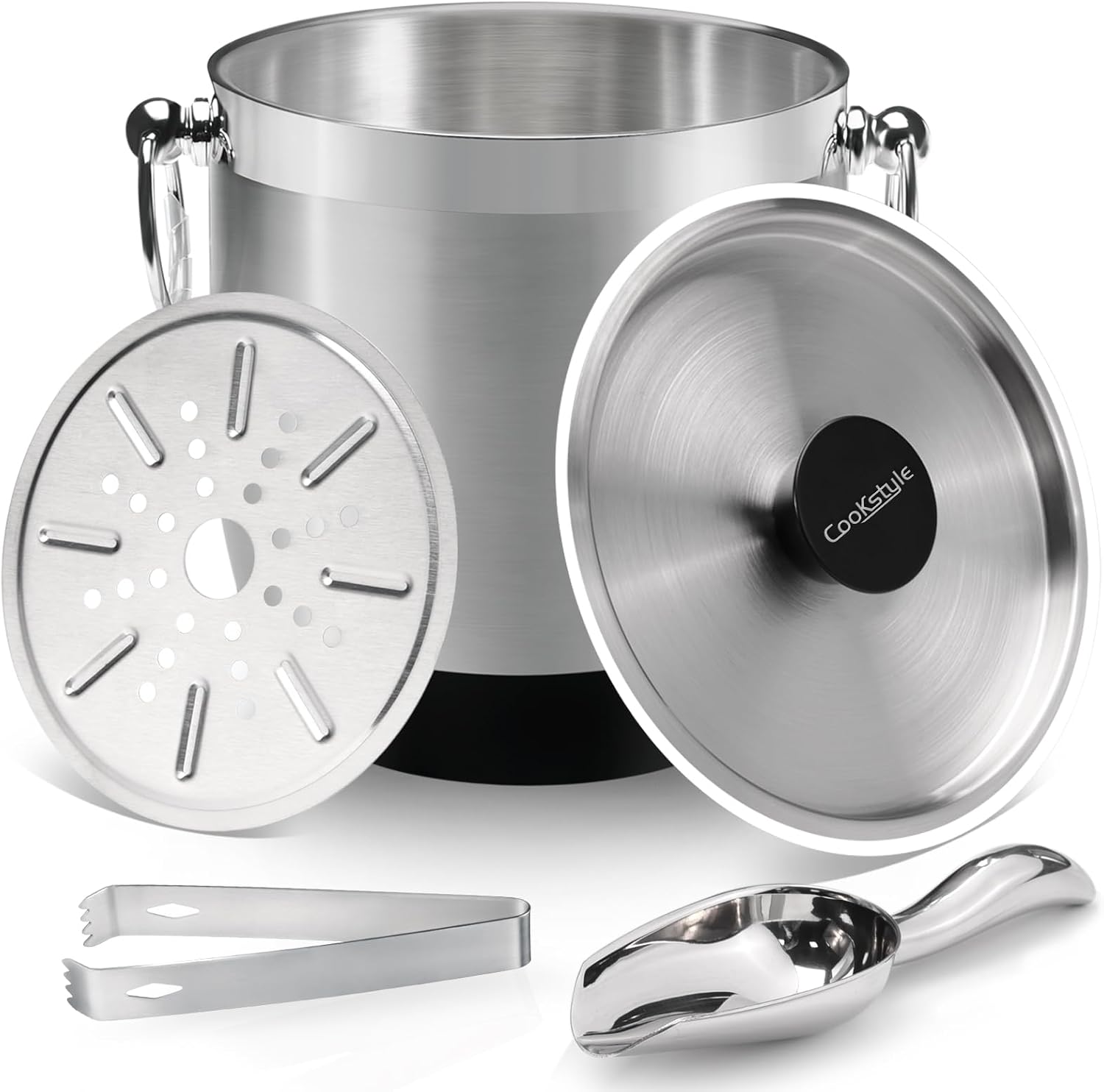 COOKSTYLE Double-Wall Stainless Steel Insulated Ice Bucket With Lid & Ice Tong [3 Liter] Included Strainer Keeps Ice Cold & Dry, Home Bar, Chilling Beer, Champagne, Wine Bottle