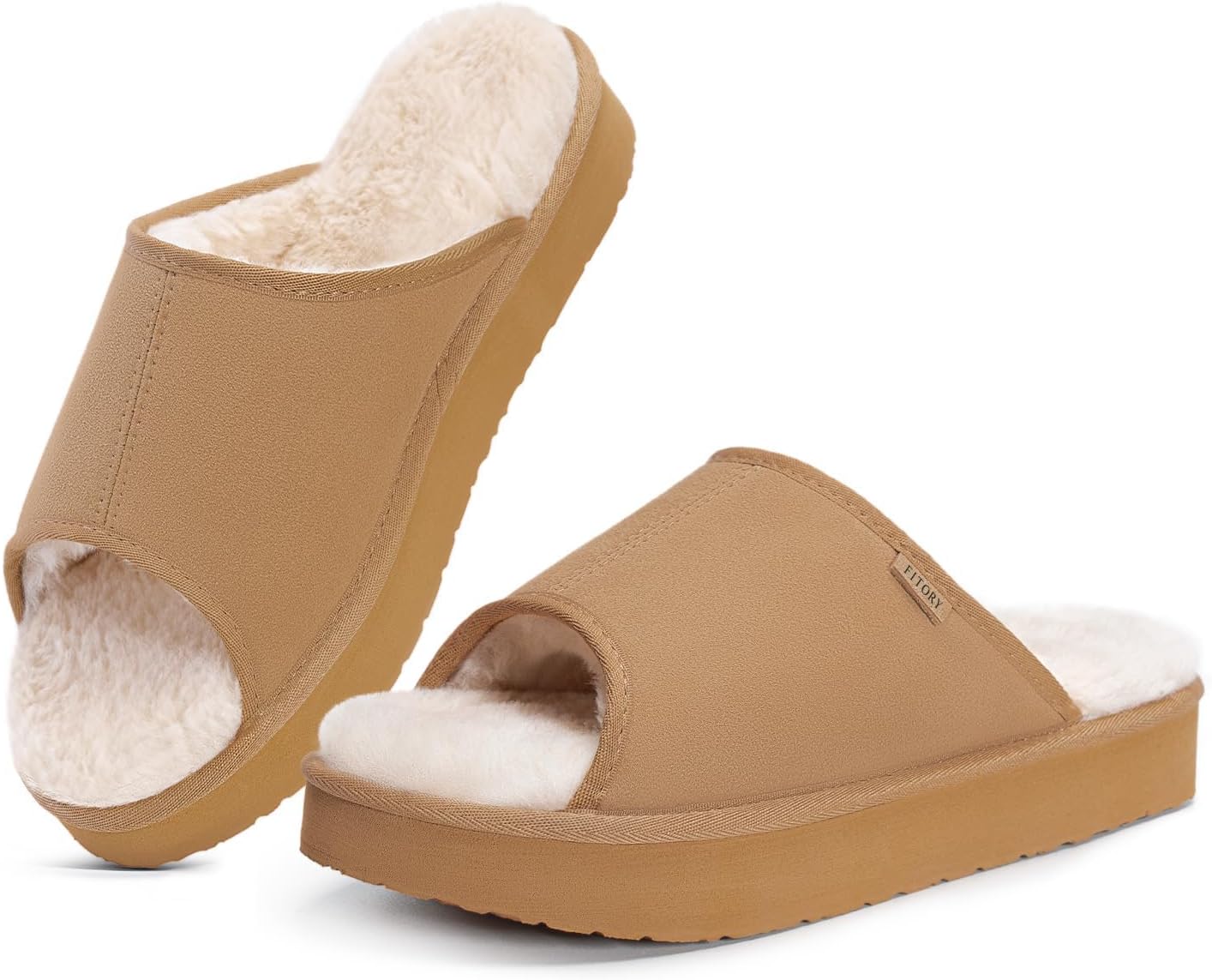 Womens Open Toe Slipper with Cozy Lining,Faux Rabbit Fur Cork Slide Sandals Brown Platform Size 8