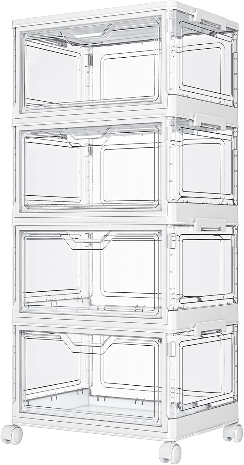 Clear Storage Bins with Lids - 4 Tier Plastic Bins with Wheels, Stackable Storage Bin, Closet Organizers Box for Bedroom, Living Room, 23 QT Folding Box with Magnetic door