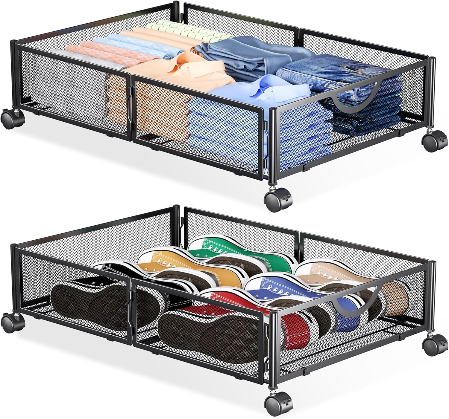 Under Bed Storage with Wheels, 2 Pack Under Bed Shoe Storage Organizer Drawer, Tool-free Assembly Metal Underbed Storage Containers for Clothes, Shoes, Black